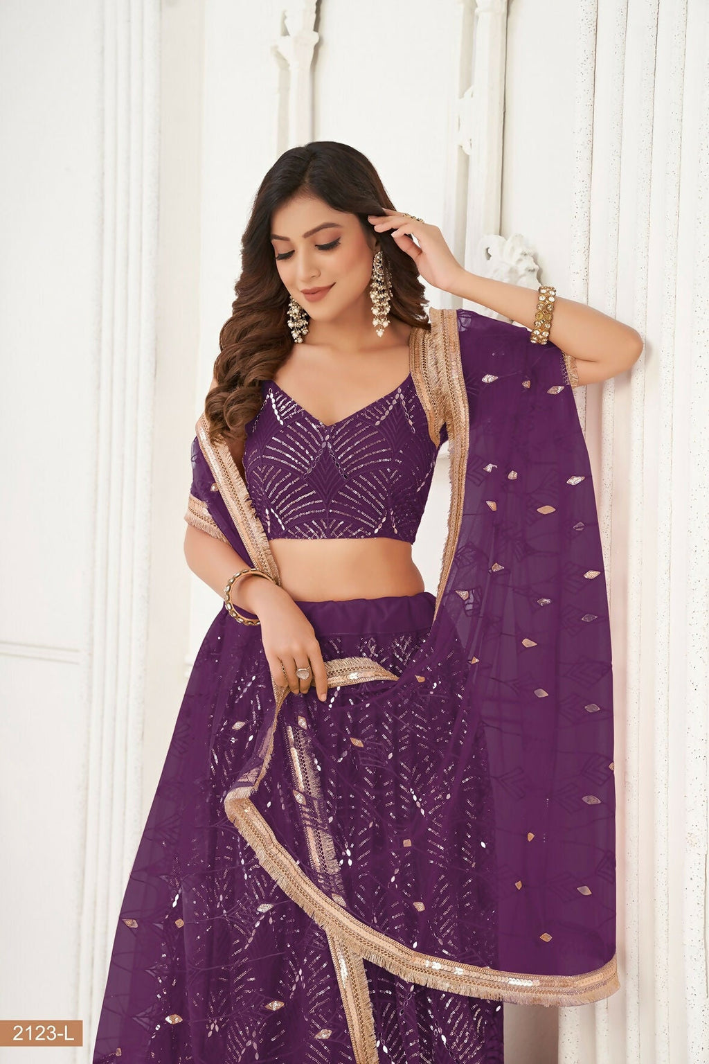 Eilara Wine Thread Sequin Embroidered Net Lehenga Set | Grocsy