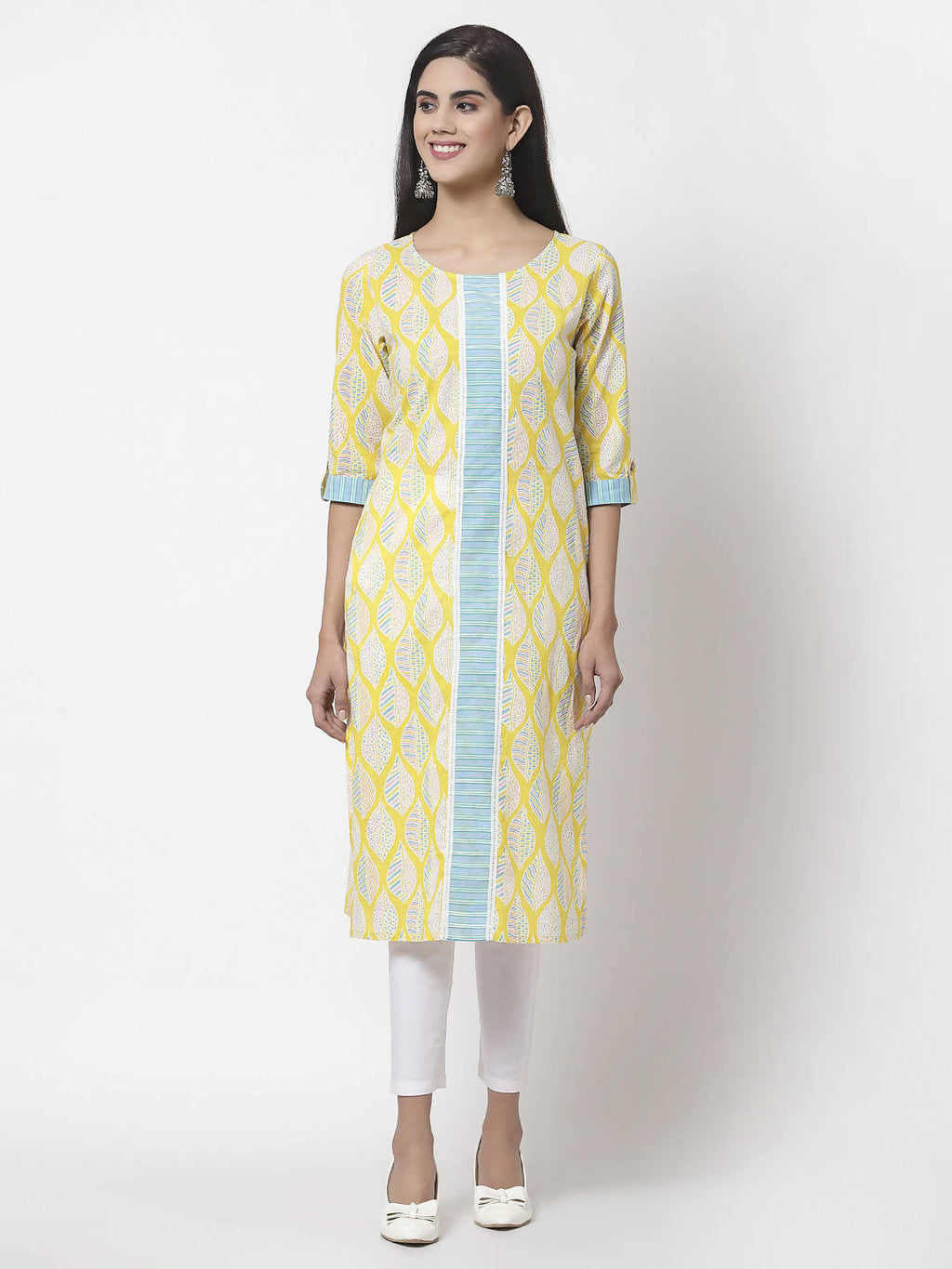 Myshka Women Yellow Cotton Printed 3/4 Sleeve Round Neck Kurta | Grocsy