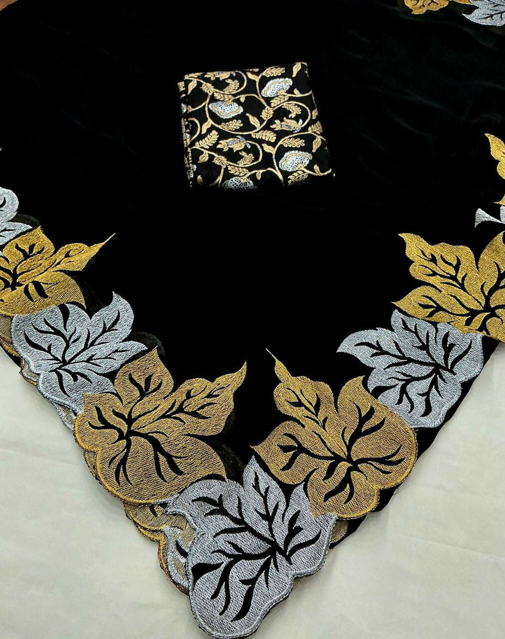 Vastranavya Satin Chiffon Silk Beautiful Designer Zari Thread Embroidery work of Leaf Design with Cutwork Border Saree with Blouse Material - Black | Grocsy