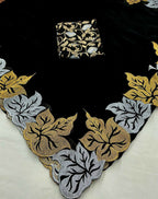 Vastranavya Satin Chiffon Silk Beautiful Designer Zari Thread Embroidery work of Leaf Design with Cutwork Border Saree with Blouse Material - Black | Grocsy