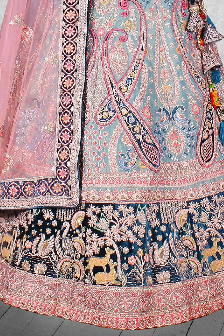 Blue & Pink Velvet Thread with Hand Work Semi Stitched Lehenga Choli with Dupatta - Nimaya Lagnotsav | Grocsy