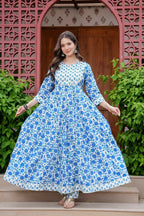 Jaimini Women Cotton Printed Round Neck Calf Length Flared Kurta Pant And Dupatta Set | Grocsy
