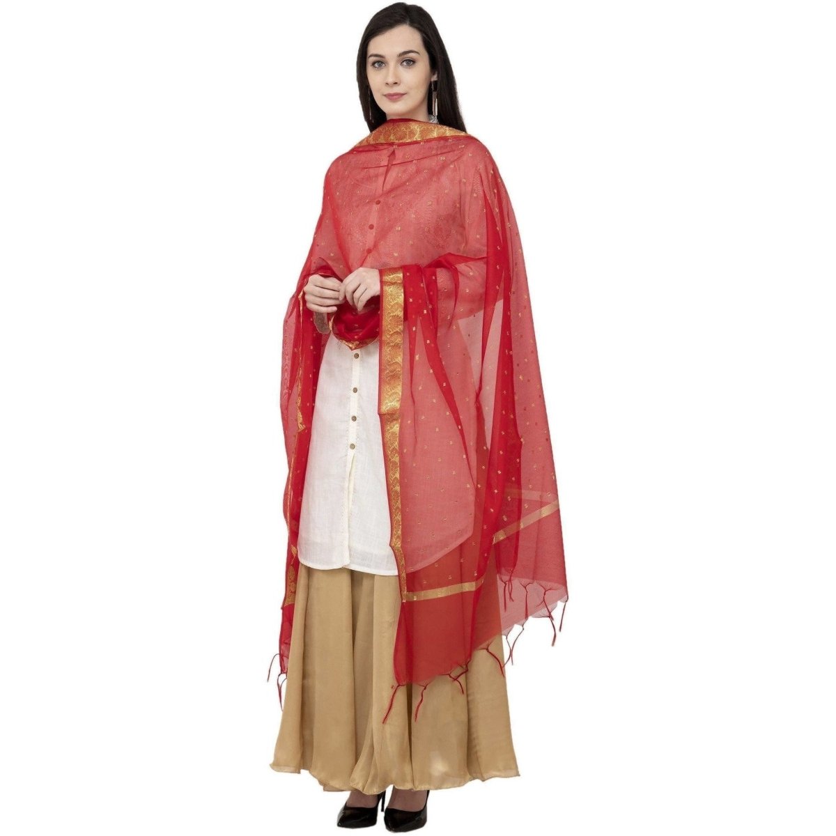 A R Silk VNS Border Buti Fancy Dupatta Color Red Dupatta or Chunni | Grocsy