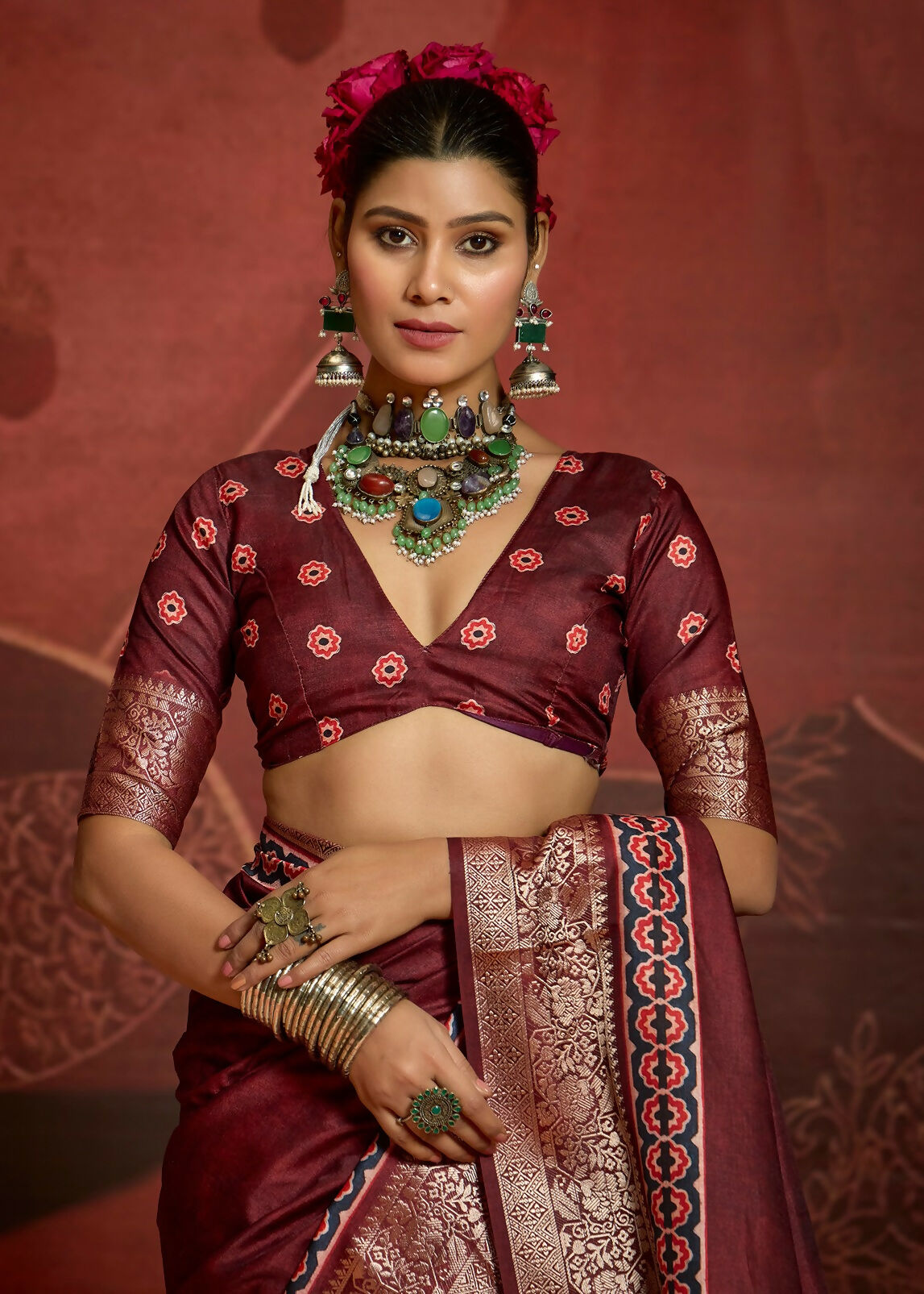 Joban Fashion Maroon Art Silk With Fine Viscose Border Ajrak Full Body Print With Soft Finish Saree | Grocsy