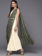 Ahalyaa Off White & Olive Green Ethnic Maxi Dress with Attached Dupatta | Grocsy