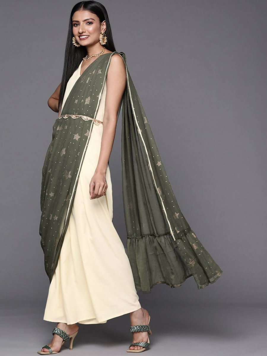 Ahalyaa Off White & Olive Green Ethnic Maxi Dress with Attached Dupatta | Grocsy