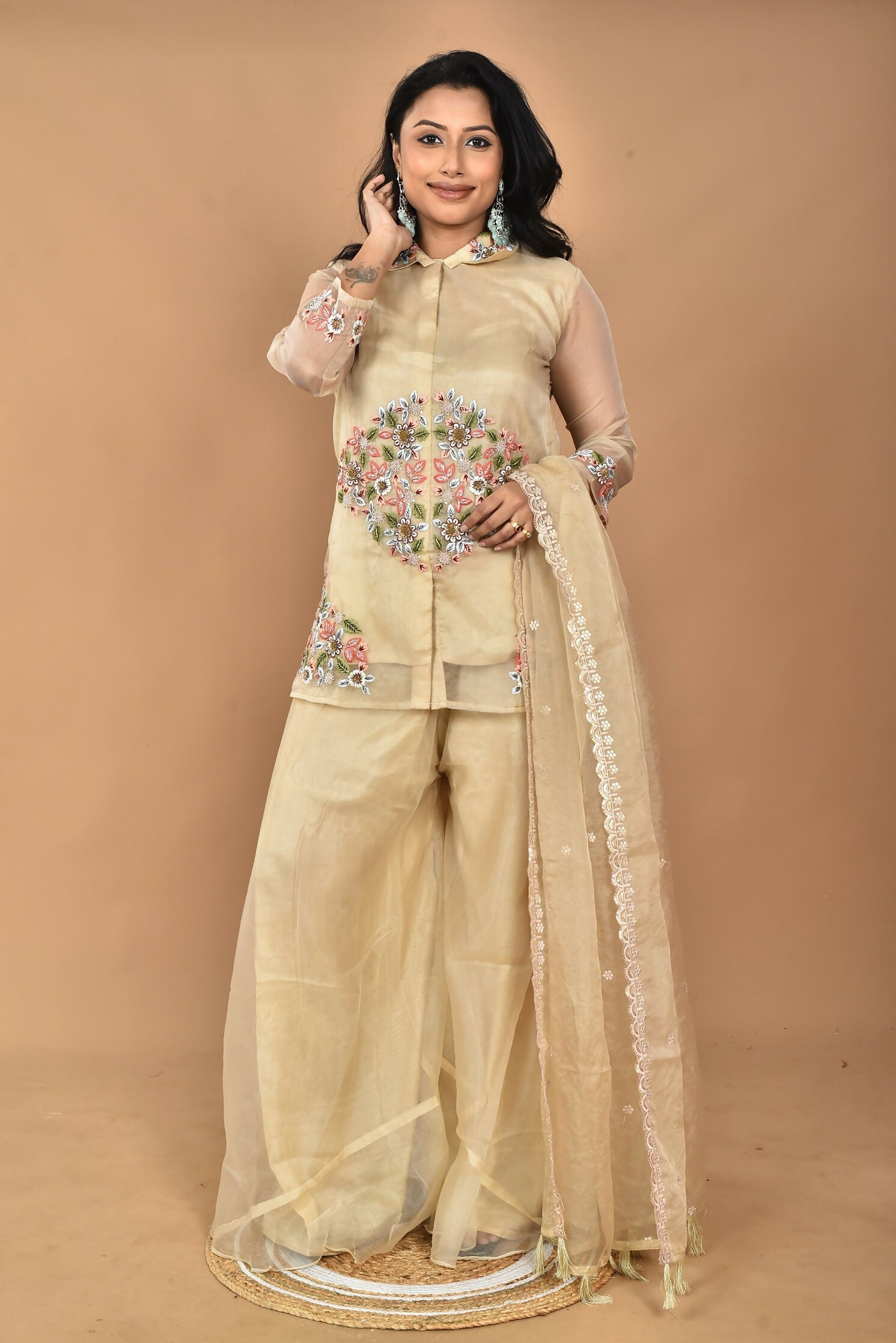 Morchari Women And Hand Embroidery Palazzo Set-Beige | Grocsy
