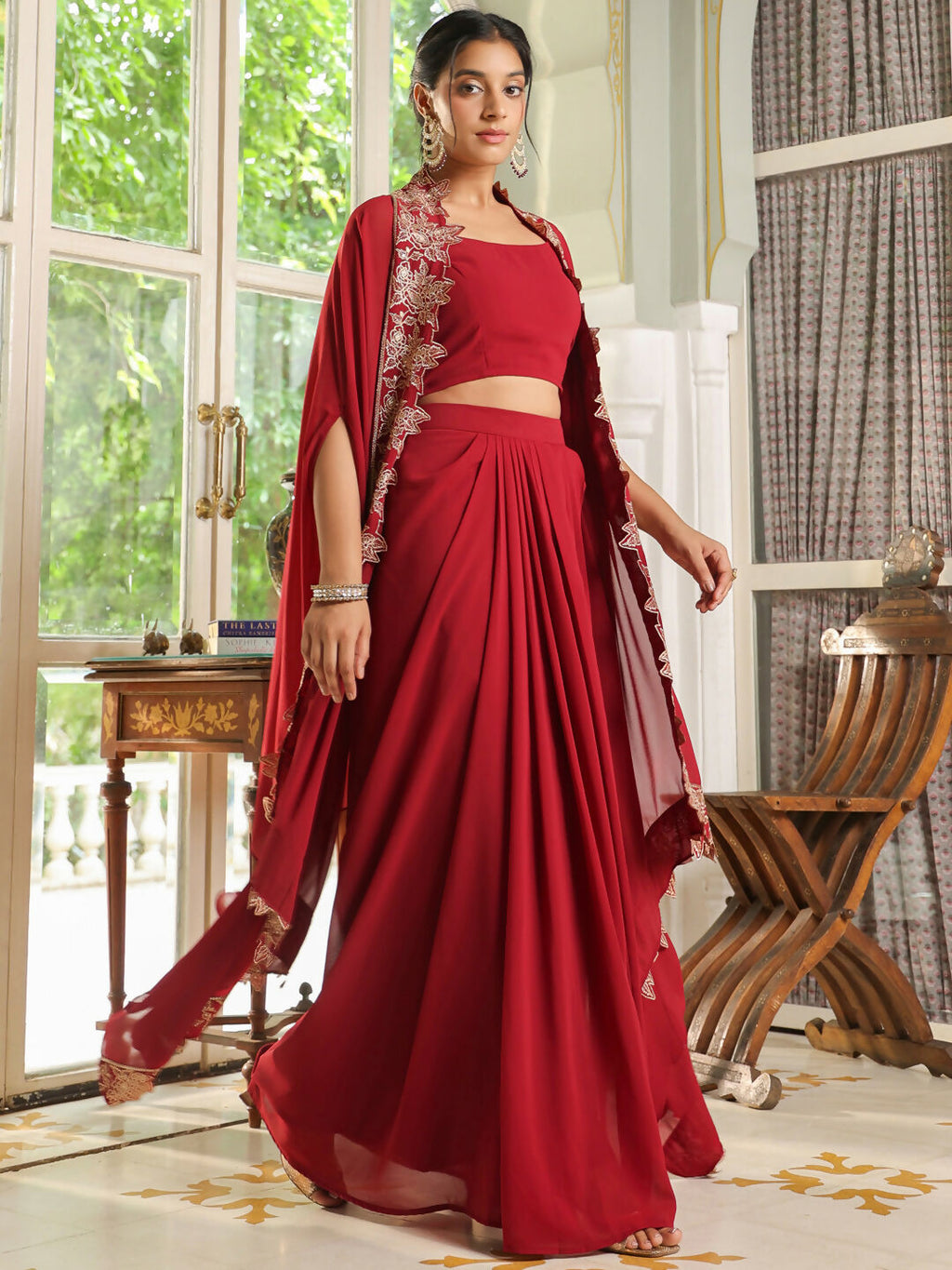 Janasya Maroon Georgette Solid Top Bottom Cape | Grocsy