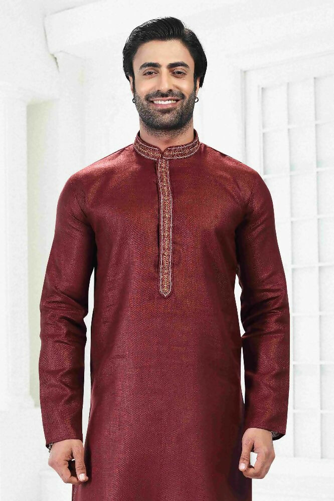 Raivat Ethnic Linen Cotton Thread Work Kurta Pajama In Maroon Colour | Grocsy