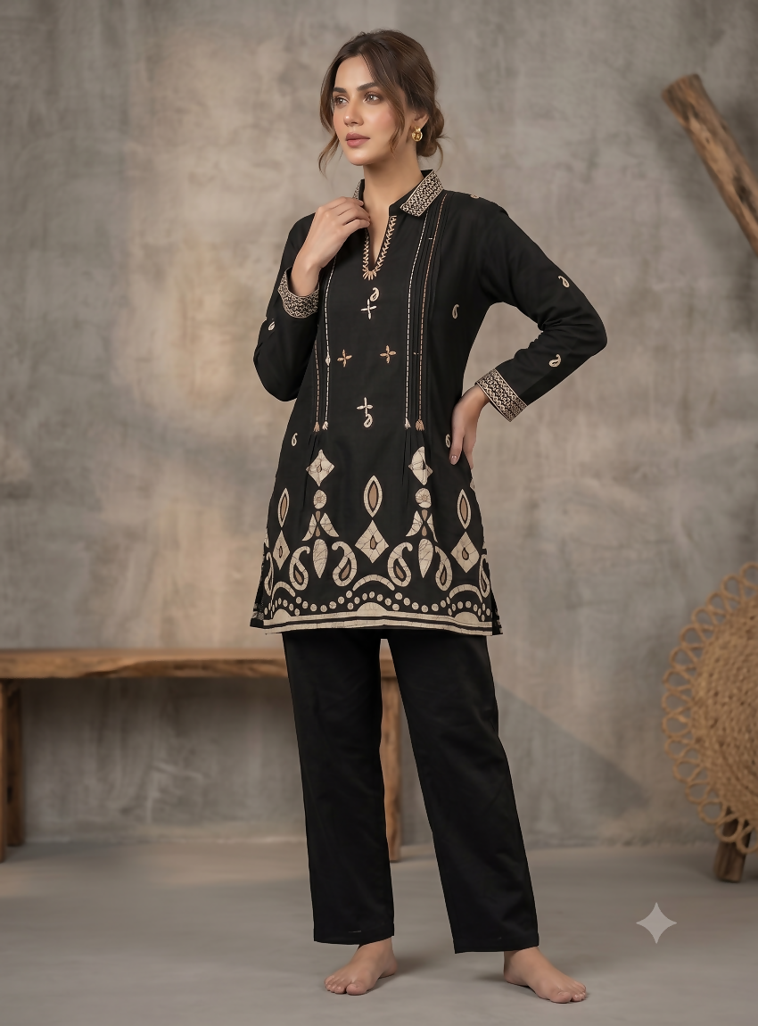 Teeya Creation Women Black Printed Cotton Kurti With Trousers Co-Ord Set | Grocsy