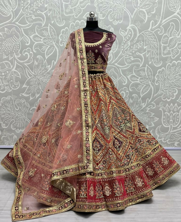 Jyoti Fashion Women's Purple Velvet Golden Gotta, Multi Thread Embroidered with Diamond Work Wedding Lehenga Choli | Grocsy