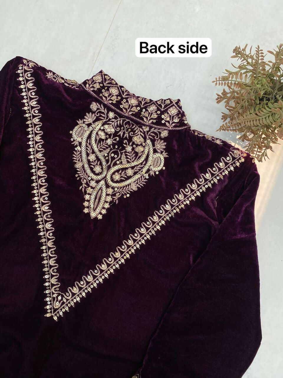 Vastranavya Purple Velvet Sequence Embroidery Work Top With Palazzo | Grocsy