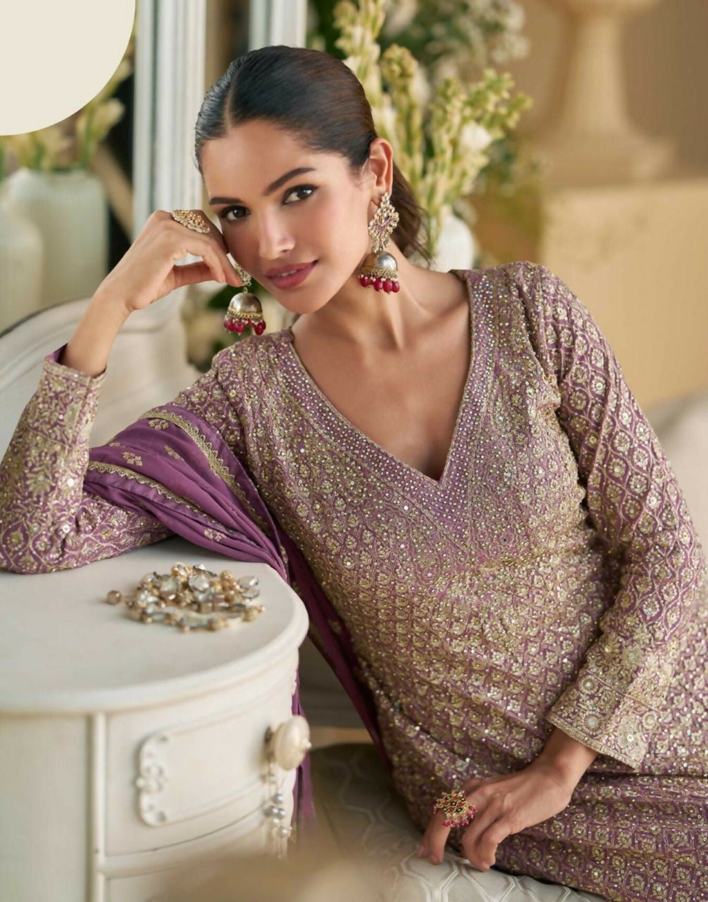 Anaita Lavender Heavy Georgette Stitched Suit with Sequence & Diamond work | Grocsy