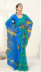 Green Georgette Texture Printed Saree With Unstitched Blouse Piece - Jyoti | Grocsy