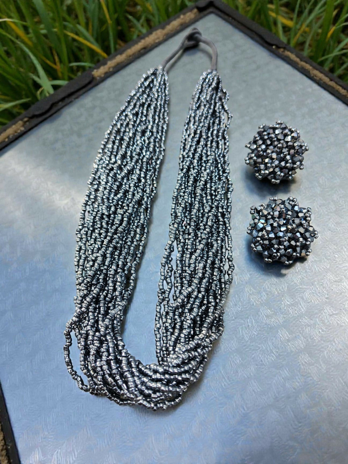 Inhanns Vibrant Handmade 20 Layers Beaded Necklace With Matching Earrings - Navy Blue | Grocsy