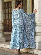 Juniper Women's Blue Cambric Floral Printed Circular Kurta Dupatta Sets | Grocsy
