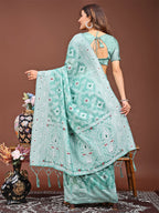 Shree Shyam Fashion Pankhuri Sea Green Linen Cotton Saree | Grocsy