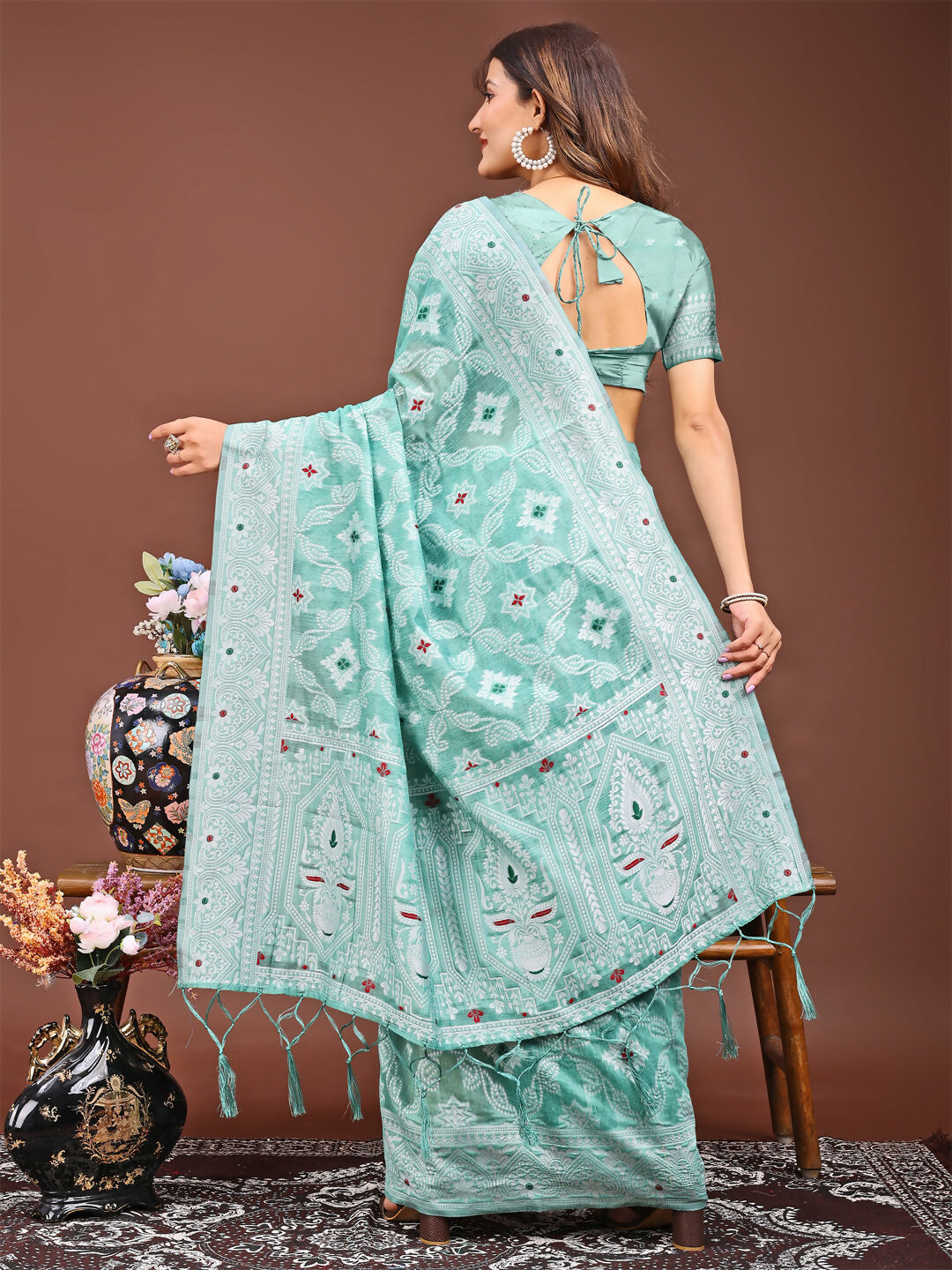 Shree Shyam Fashion Pankhuri Sea Green Linen Cotton Saree | Grocsy