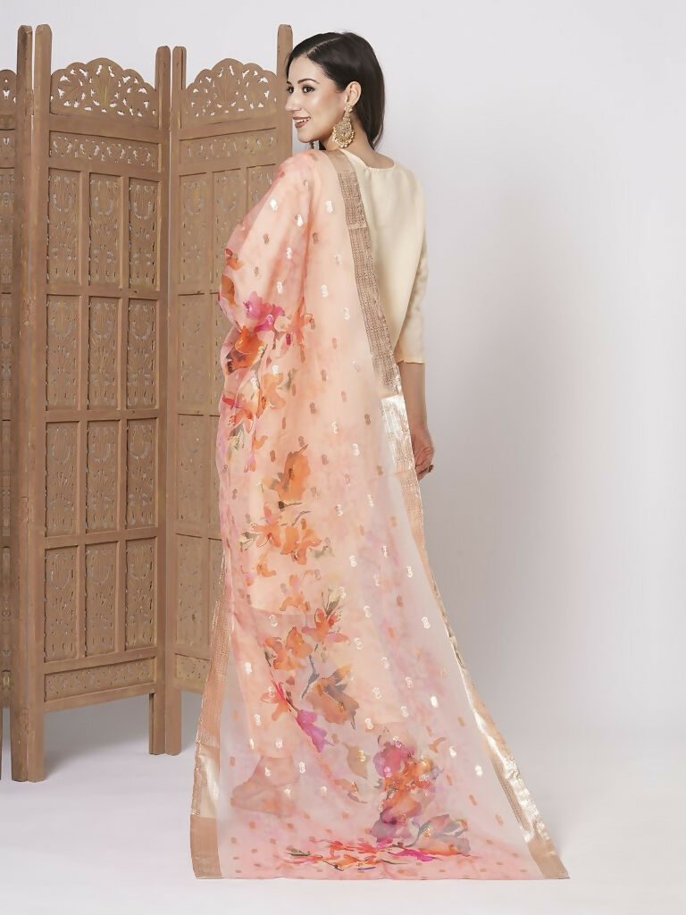 Peach PV Chanderi Embroidery Work,Printed Kurta Set - Riya | Grocsy