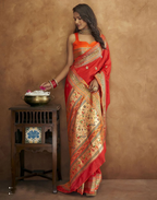 Vastranavya Red Soft Paithani Silk Saree With Gold Zari Weaving Motifs With Matching Blouse Fabric | Grocsy