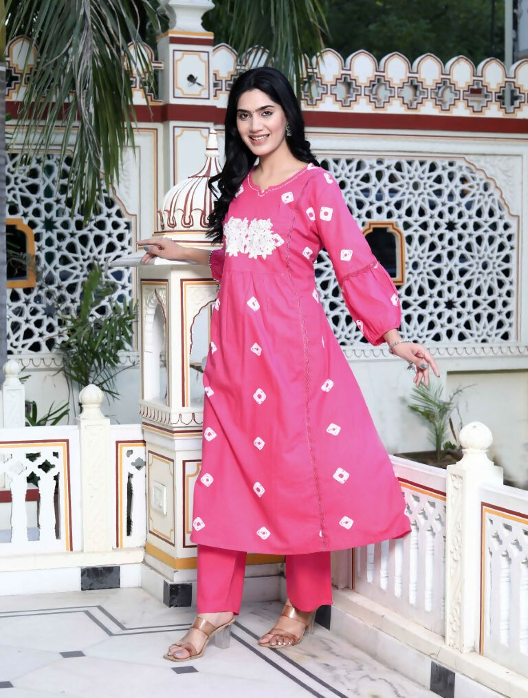 Miravan Women's Jaipuri Moti And Chikan Embroidered & Lace Embellished Pink Bandhani Printed Palazzo Set | Grocsy