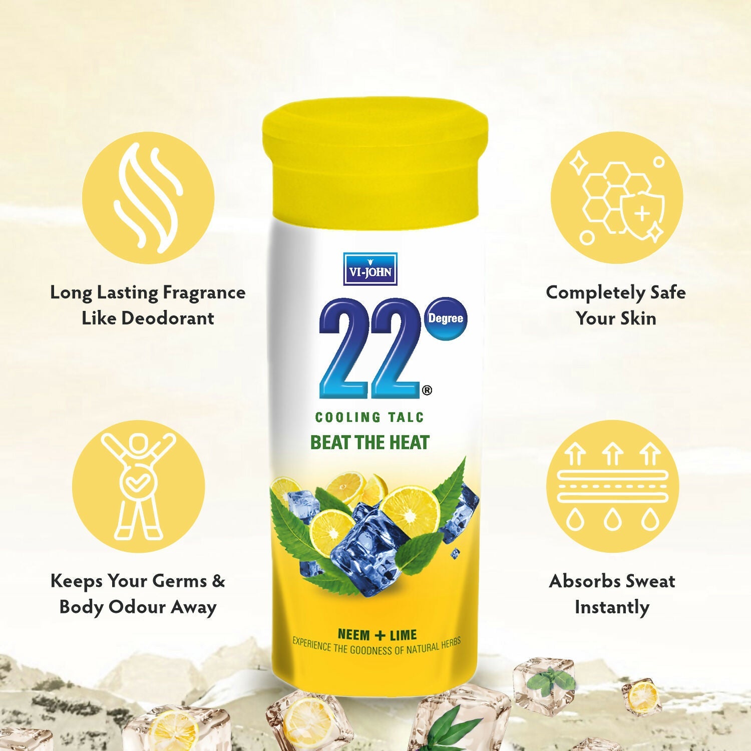 VI-JOHN 22 Degree Cooling Talc Beat the Heat Neem and Lime | Grocsy