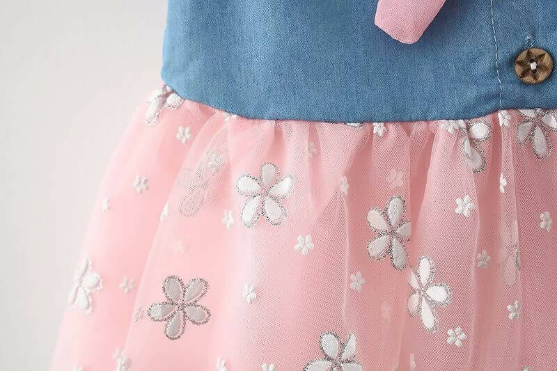 Bold N Elegant Cap Sleeve Denim Embroidered Midi Party Dress Frock with Hat Dress - Floral Pink | Grocsy