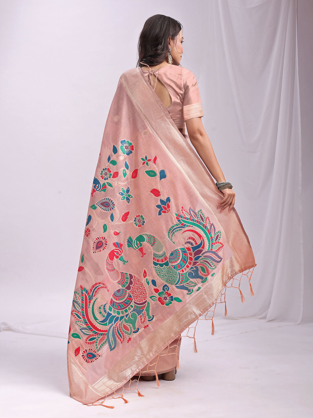 Shree Shyam Fashion Linen Cotton Peach Saree | Grocsy
