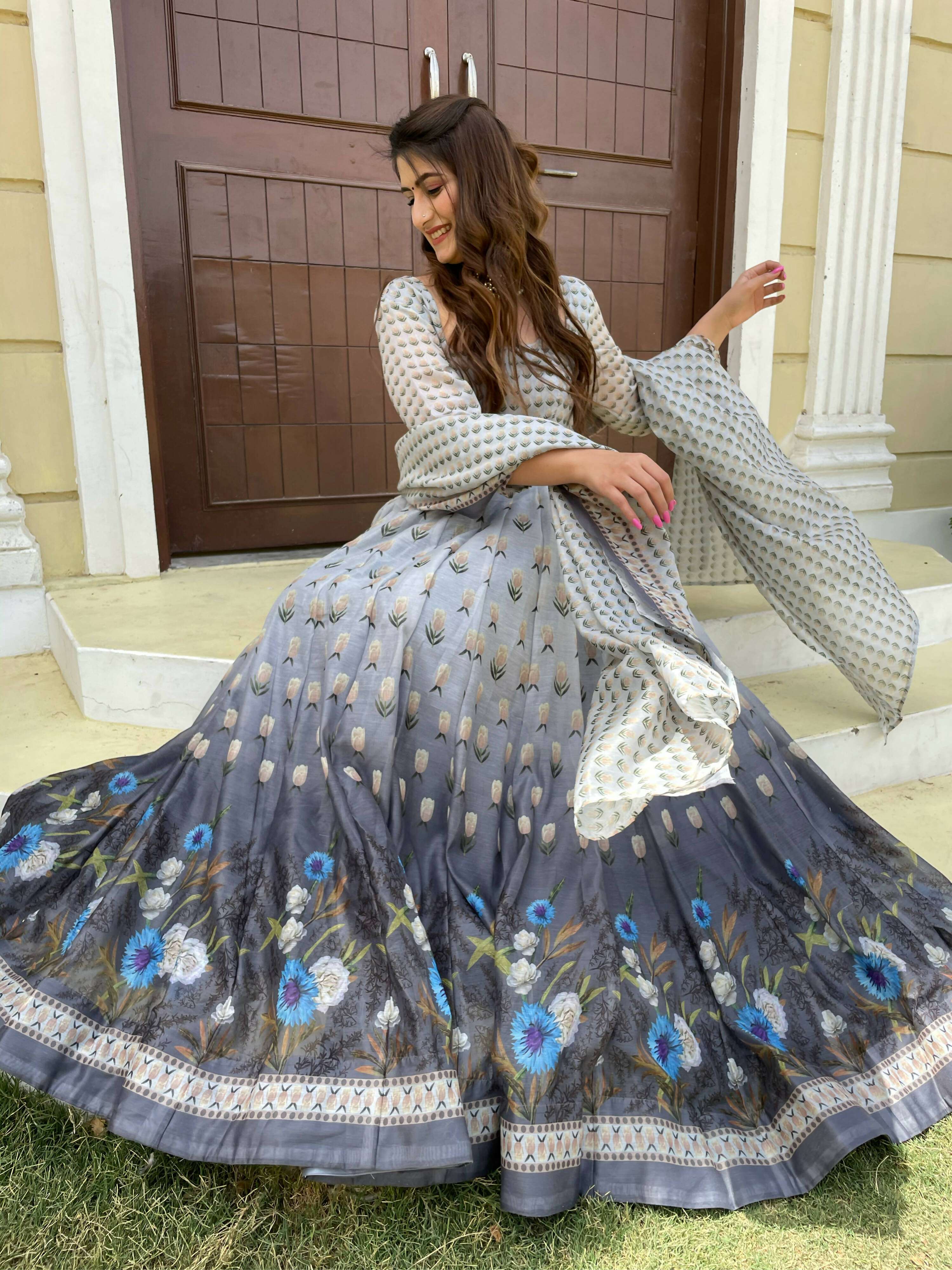 Partywear Designer Gray Chanderi Suit - Anbazaar | Grocsy