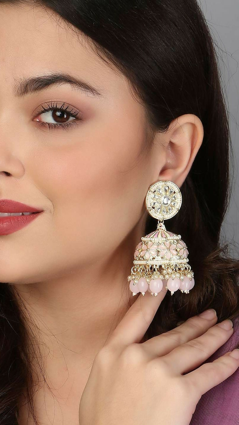Meenakari Pink Jhumka Earrings By House of Ree - Swadesiicart