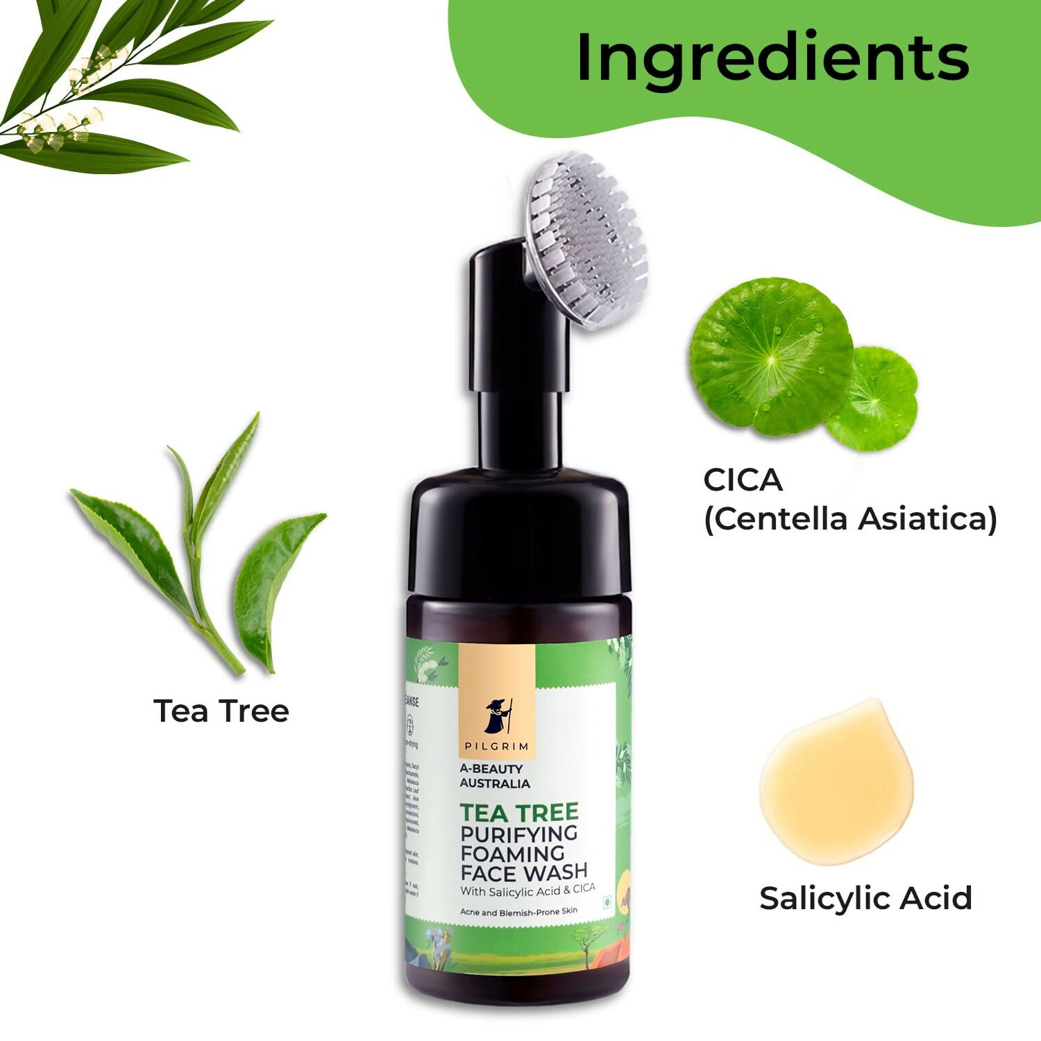 Pilgrim Australian Tea Tree & 1% Salicylic Acid Foaming Face Wash with Brush For Oily Skin, Acne And Pimples | Grocsy
