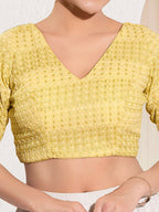 Joban Fashion Yellow Crochet Padded Blouse With V Neck Elbow Sleeves | Grocsy