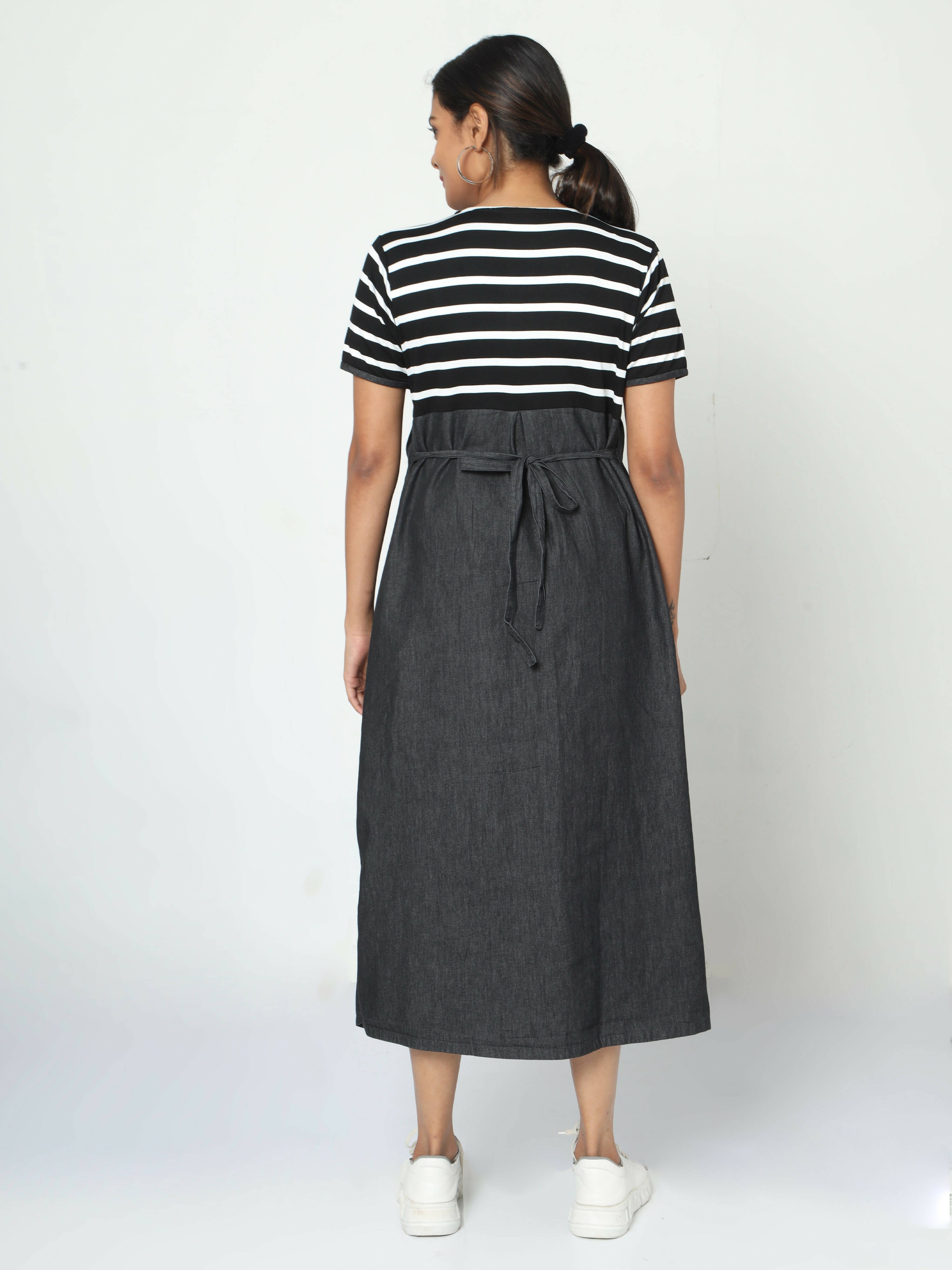 Manet Half Sleeves Maternity Dress White Striped With Concealed Zipper Nursing Access - Black | Grocsy
