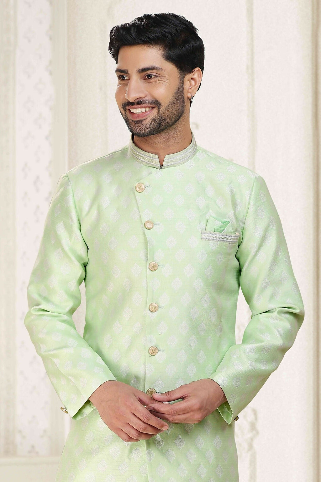 Raivat Ethnic Banarasi Jacquard Embroidery Semi Indo Western Sherwani In Pista Green Colour | Grocsy