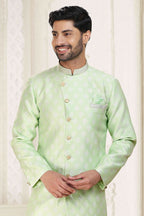 Raivat Ethnic Banarasi Jacquard Embroidery Semi Indo Western Sherwani In Pista Green Colour | Grocsy