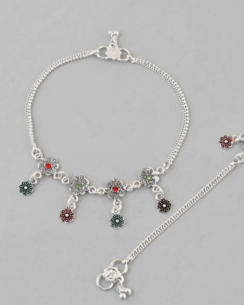 VOJ Set of 2 Silver Plated Meenakari Multi Color Anklet | Grocsy