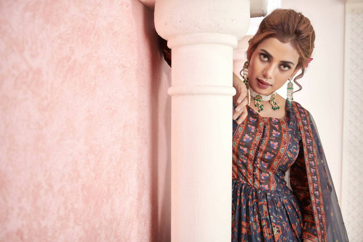 Everywhere Designer Navy Blue Dola Silk Gown With Dupatta - Anbazaar | Grocsy