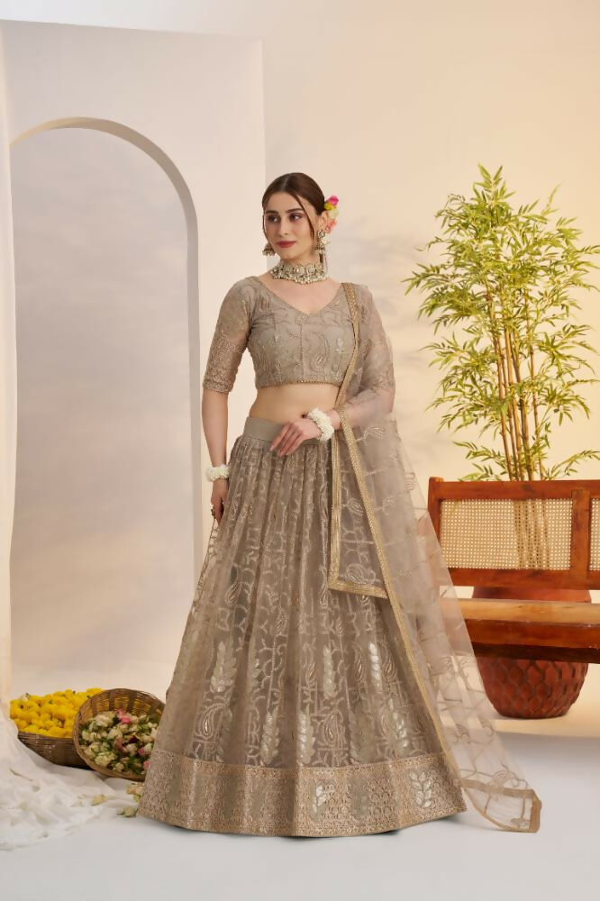 Aastha Fashion Metallic Gray Butterfly Net Tone To Tone Cotton Thread Work And Sequence Work Embroidery Wedding Wear Lehenga Choli | Grocsy