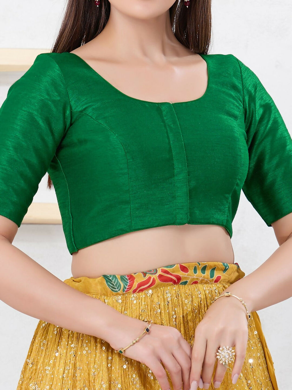 Joban Fashion Green Dupion Silk Elbow Sleeveless Front Open Blouse | Grocsy