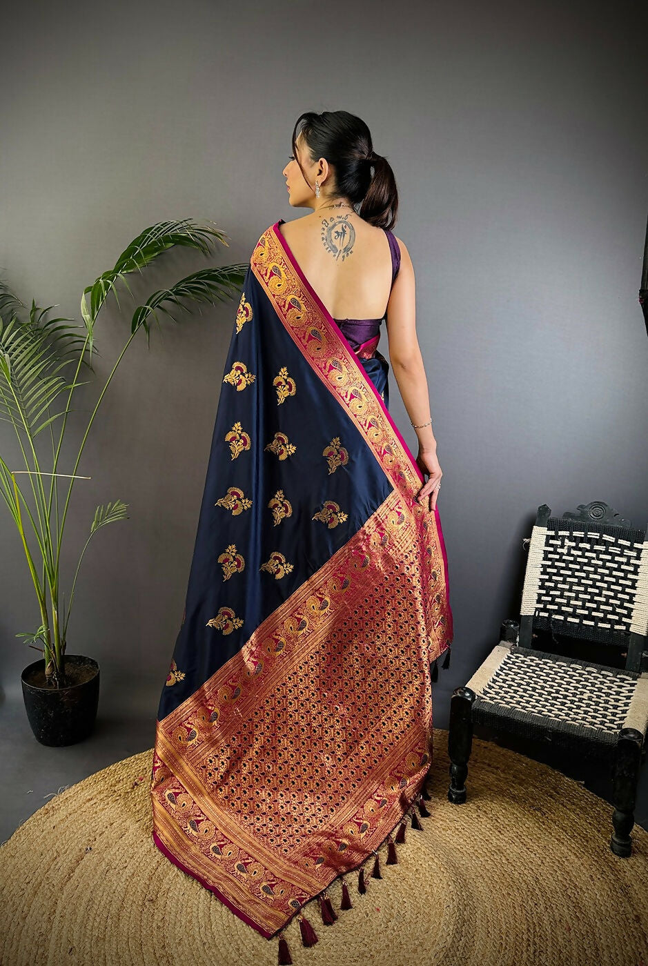 Joban Fashion Banarasi Navy Blue Woven Soft Silk Saree | Grocsy