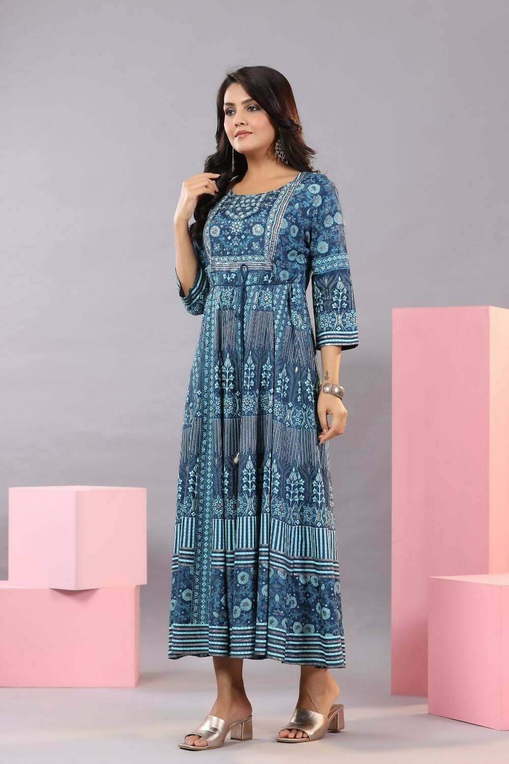 Juniper Women Blue Shantoon Floral Printed Maxi Dress | Grocsy