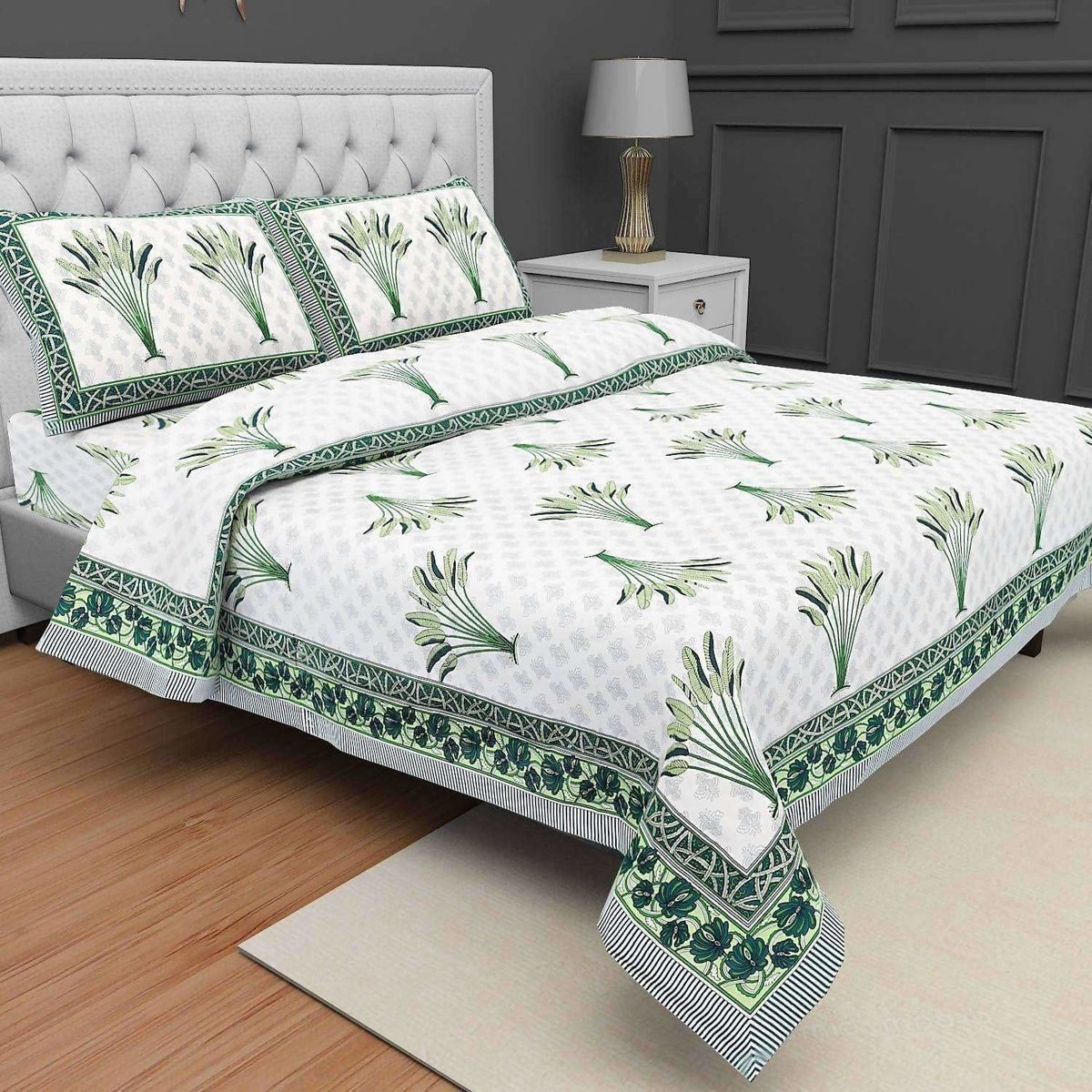 Jaipuri Hand Block Printed Traditional 144TC Cotton Double/Queen Bedsheet with 2 Pillow Covers | Grocsy