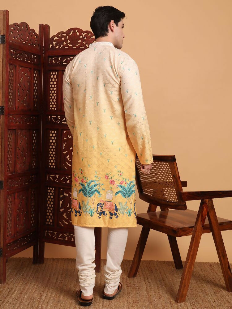 Yellow Cotton Printed Chikankari Embroidery Work Kurta - Mahotsav | Grocsy