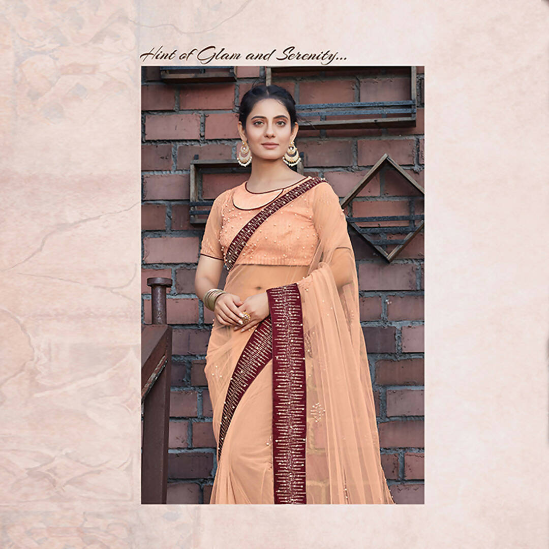 Peach Colored Net Embroidered Saree With Blouse - Norita Royal Adveka | Grocsy