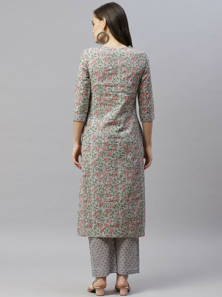Miravan Women's Cotton Floral Printed Straight Kurta Palazzo  | Grocsy
