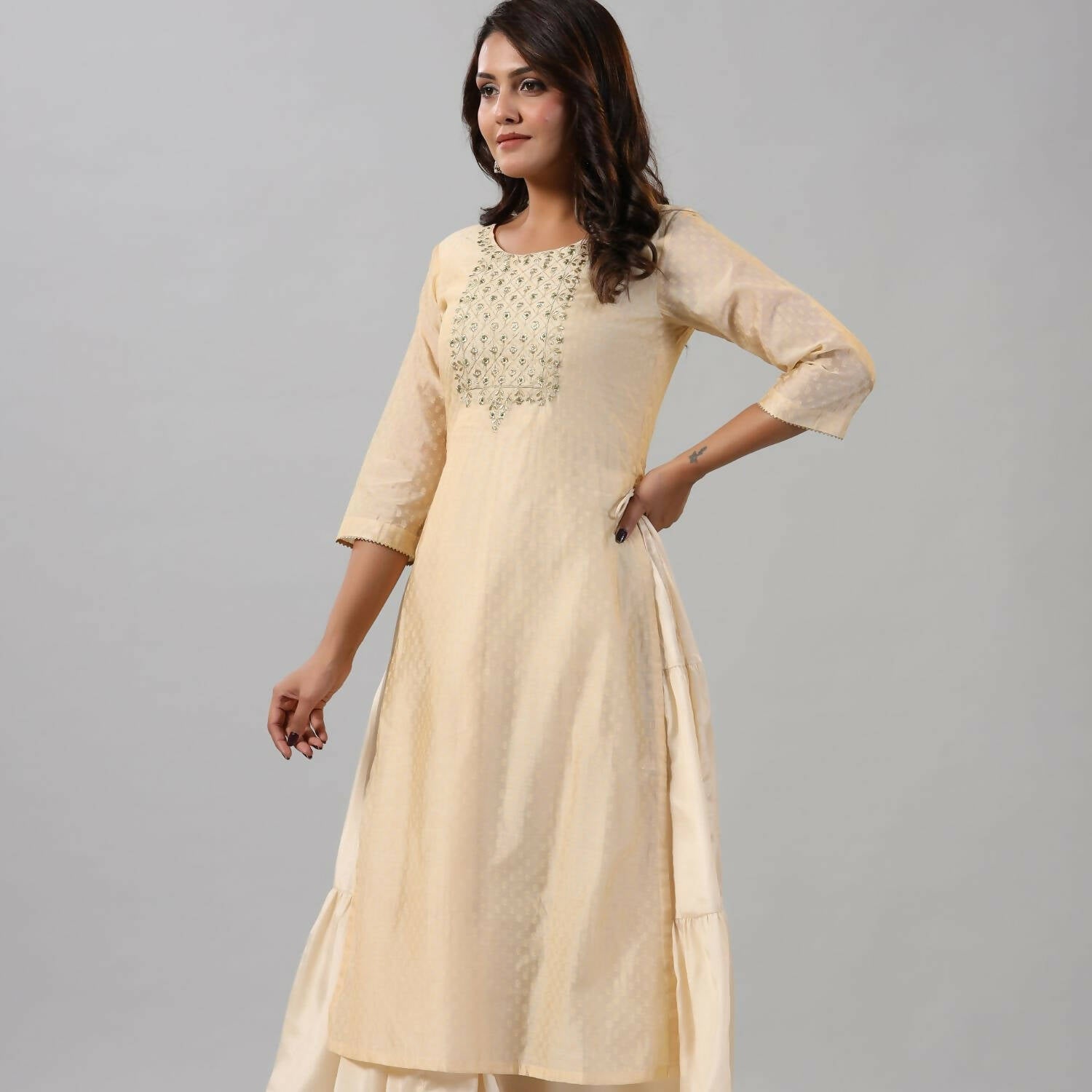 Juniper Women Gold Chanderi Printed Layered Maxi Dress with Embroidered Yoke | Grocsy