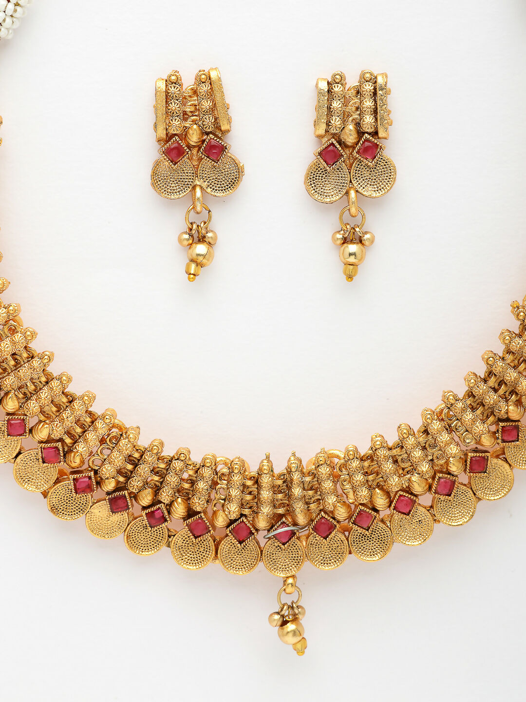NVR Women Gold-Polished Pink Stone Studded Handcrafted Temple Jewellery Set | Grocsy