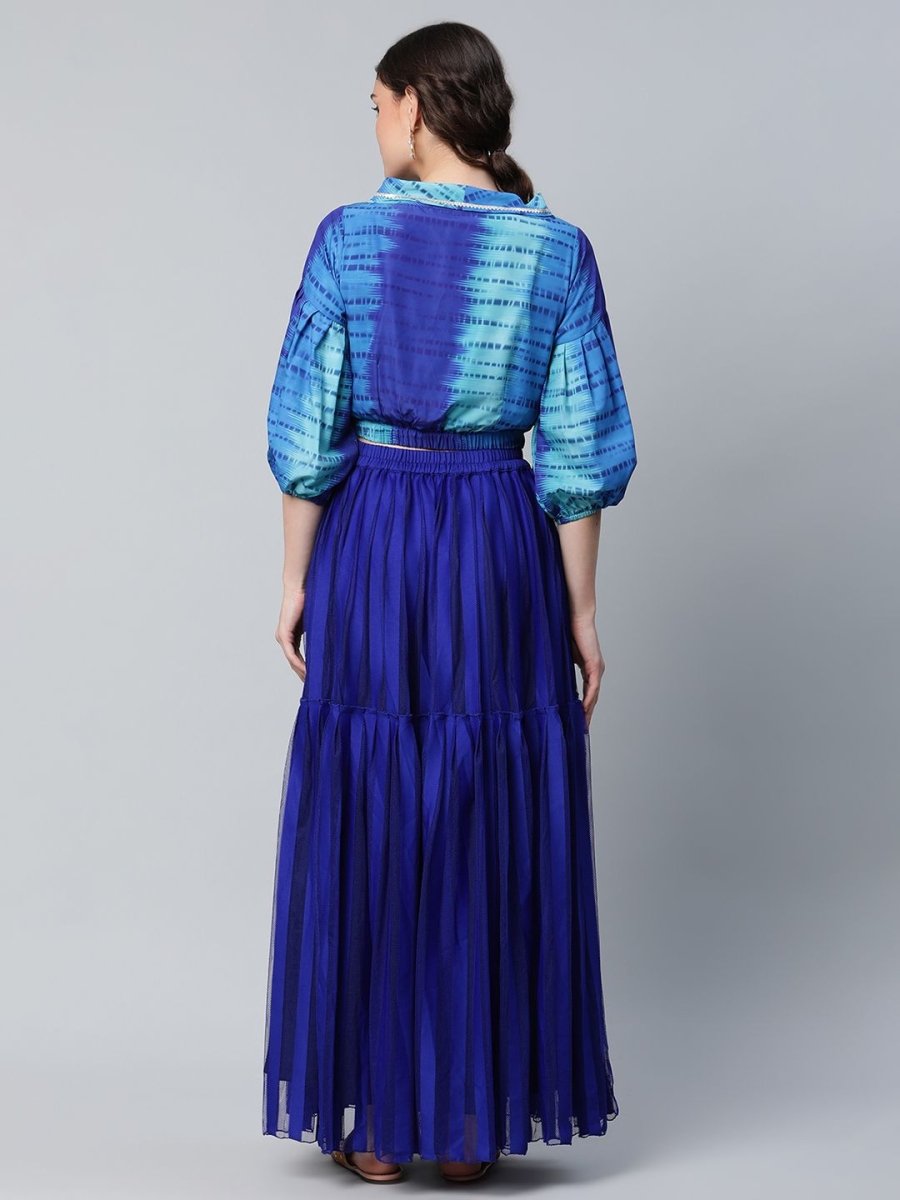 Ahalyaa Women Stunning Blue Crepe Printed Top with Skirt | Grocsy