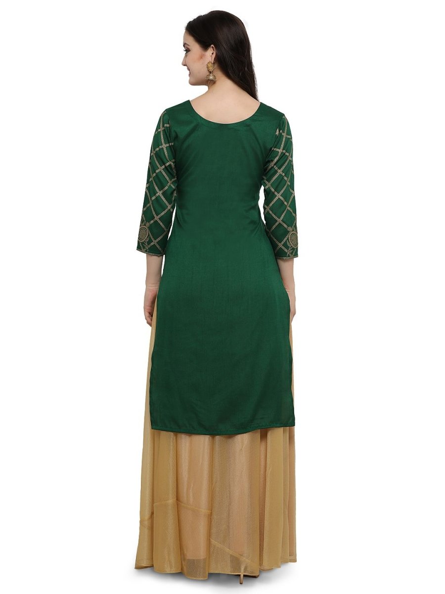 Ahalyaa Women's Green Poly Silk Gold Foil Print Kurta | Grocsy