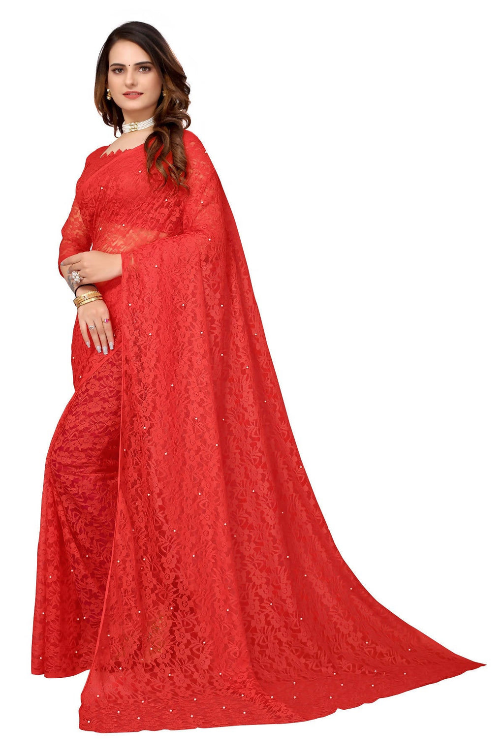 Vamika Ethnic Fire Red Pearls Net Saree | Grocsy